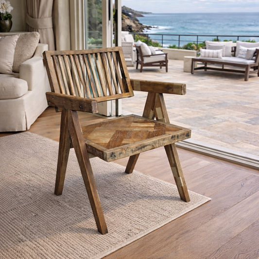 MORO RECLAIMED ELM CARVER DINING CHAIR PARQUETRY PATTERN ON SEAT - MyChocolateWood