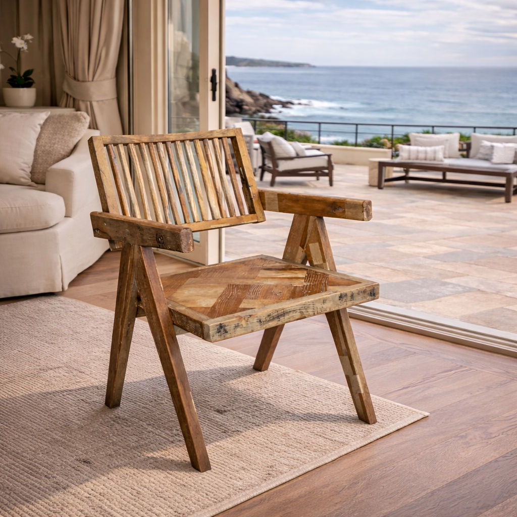 MORO RECLAIMED ELM CARVER DINING CHAIR PARQUETRY PATTERN ON SEAT - MyChocolateWood