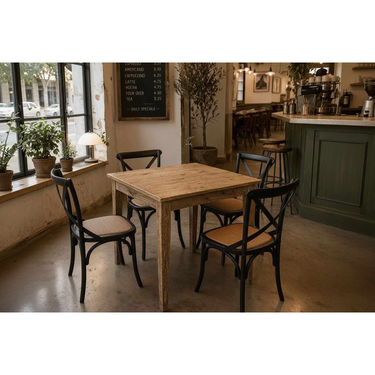Tara Square Dining Table with black crossback chairs setting