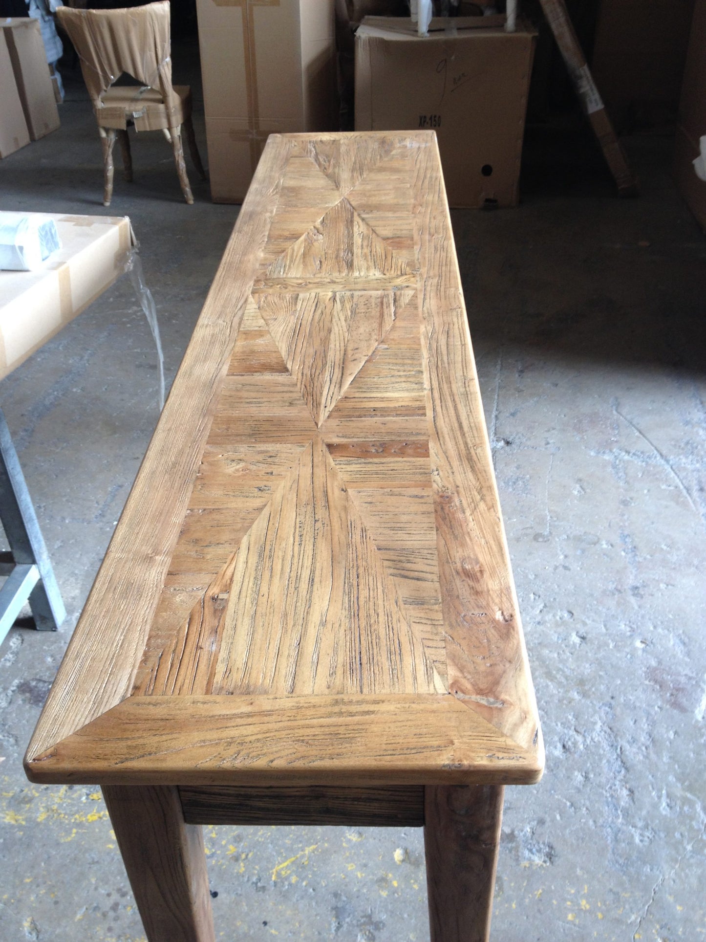 LENNON RUSTIC PROVINCIAL RECYCLED ELM PARQUETRY HALL TABLE/CONSOLE 3 DRAWERS NATURAL - MyChocolateWood