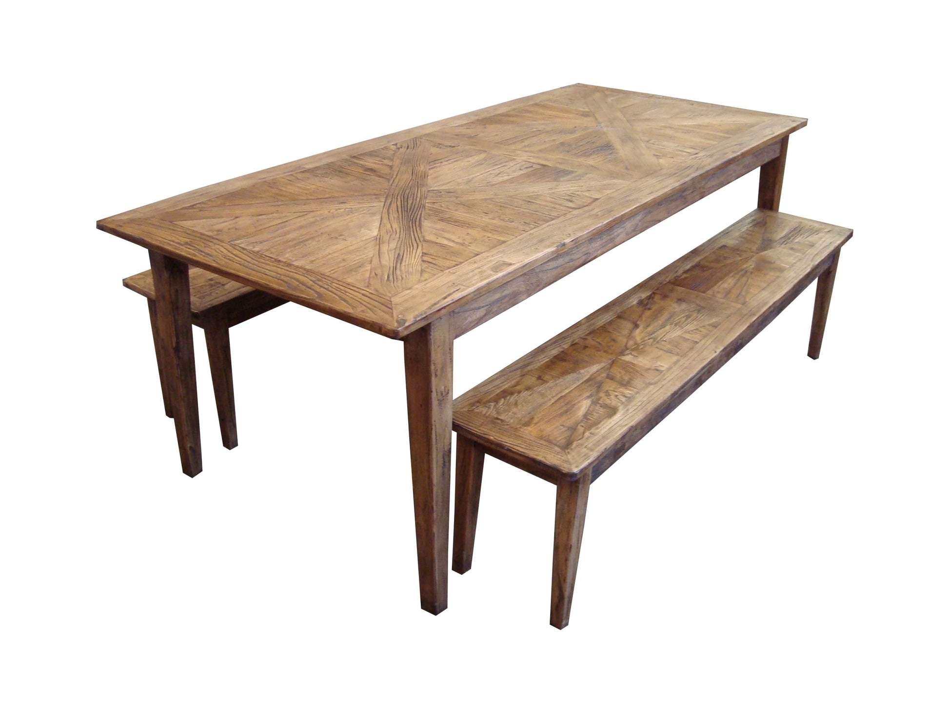 LENNON RUSTIC PROVINCIAL RECYCLED ELM PARQUETRY 3 PIECE BENCH DINING SET - 3 SIZES - MyChocolateWood