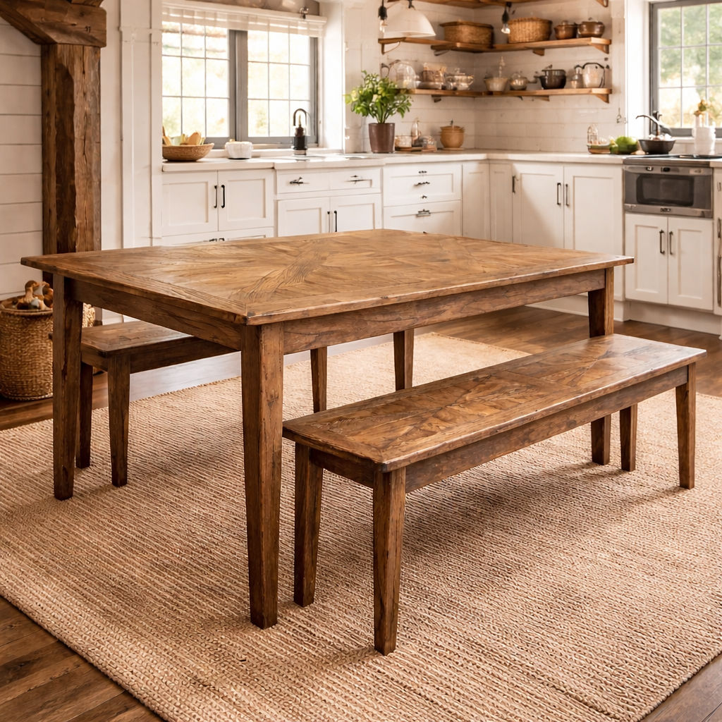 LENNON RUSTIC PROVINCIAL RECYCLED ELM PARQUETRY TOP DINING TABLE RECTANGULAR - 4 SIZES - MyChocolateWood