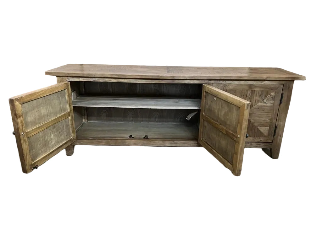 LENNON RUSTIC PROVINCIAL RECYCLED ELM TV UNIT PARQUETRY PATTERN 3 DOORS - MyChocolateWood