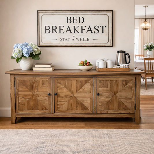 LENNON RUSTIC PROVINCIAL RECYCLED ELM TV UNIT PARQUETRY PATTERN 3 DOORS - MyChocolateWood
