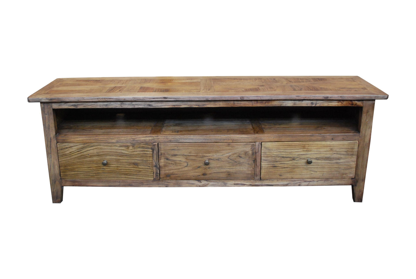 LENNON 3 DRAWERS RUSTIC PROVINCIAL RECYCLED ELM PARQUETRY TV/ENTERTAINMENT UNIT 180CM - MyChocolateWood