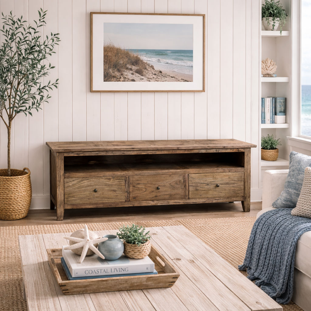 LENNON 3 DRAWERS RUSTIC PROVINCIAL RECYCLED ELM PARQUETRY TV/ENTERTAINMENT UNIT 180CM - MyChocolateWood