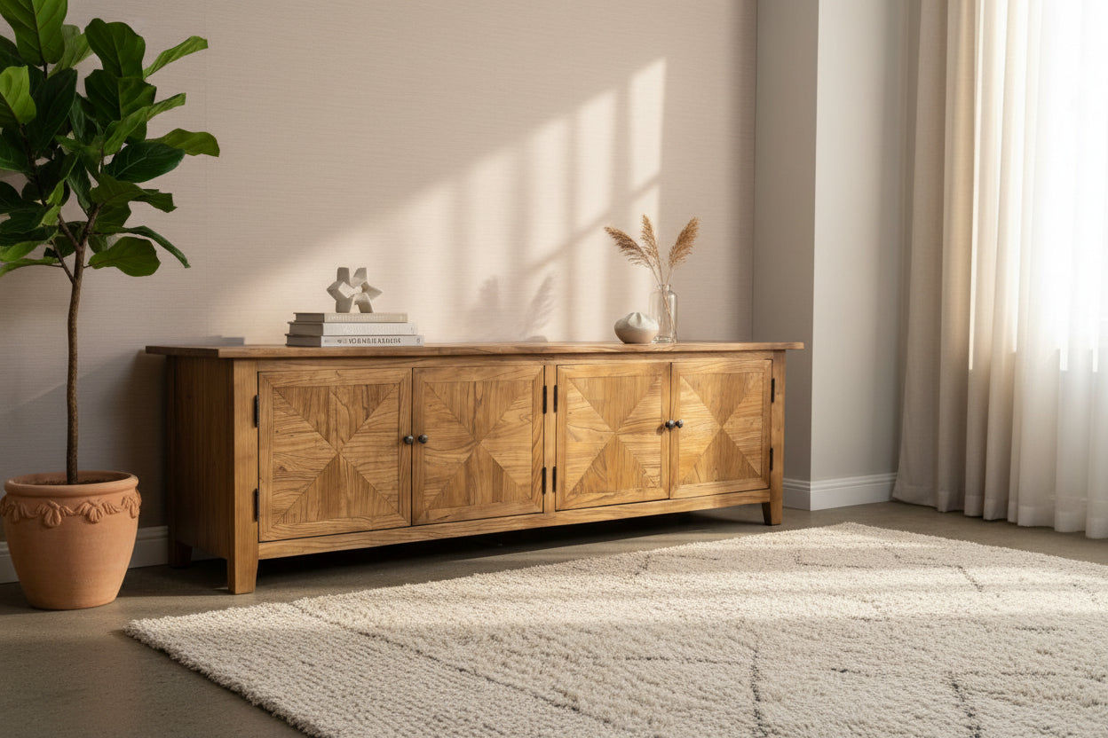 LENNON RUSTIC PROVINCIAL RECYCLED ELM TV UNIT PARQUETRY PATTERN 200 CM - MyChocolateWood