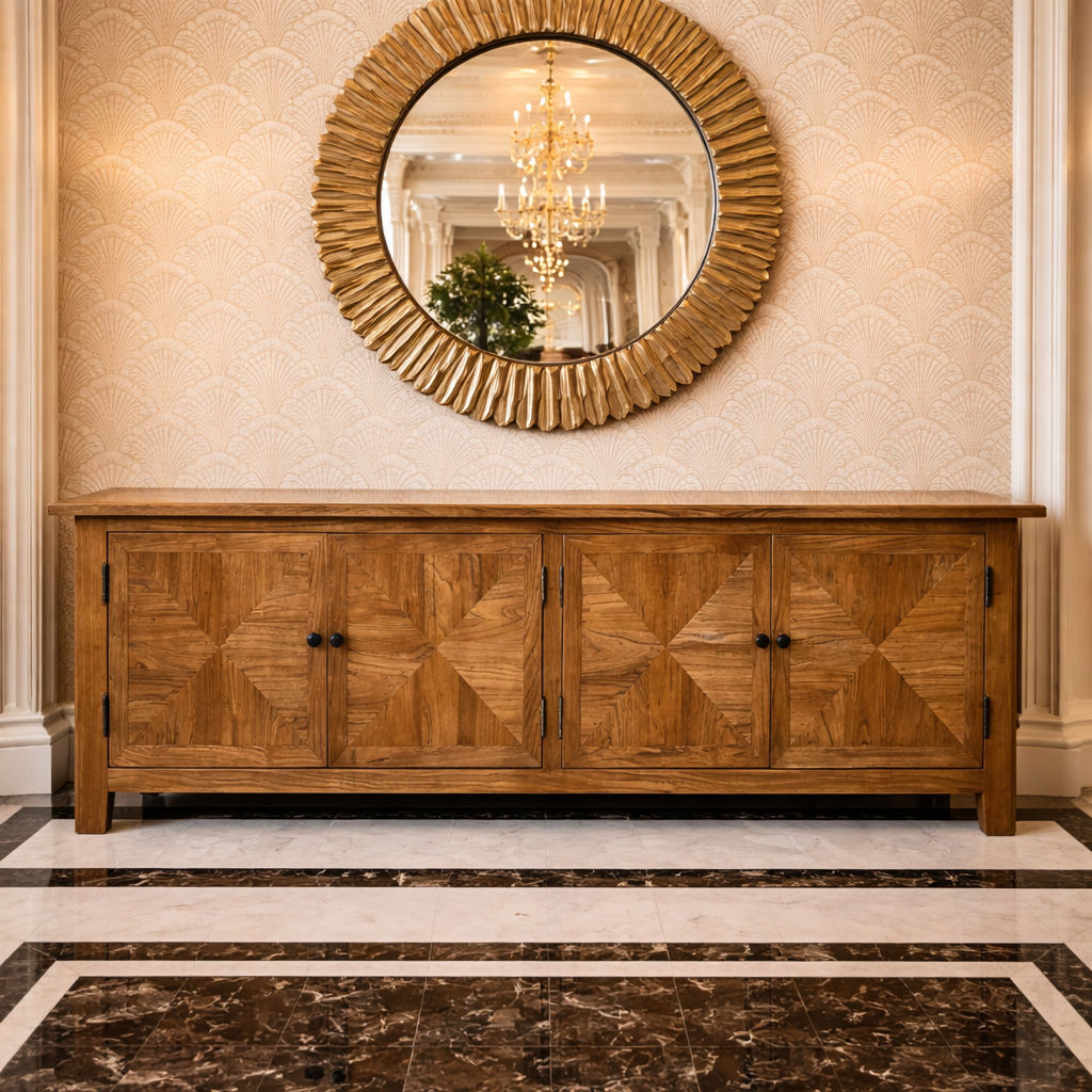 LENNON RUSTIC PROVINCIAL RECYCLED ELM TV UNIT PARQUETRY PATTERN 200 CM - MyChocolateWood
