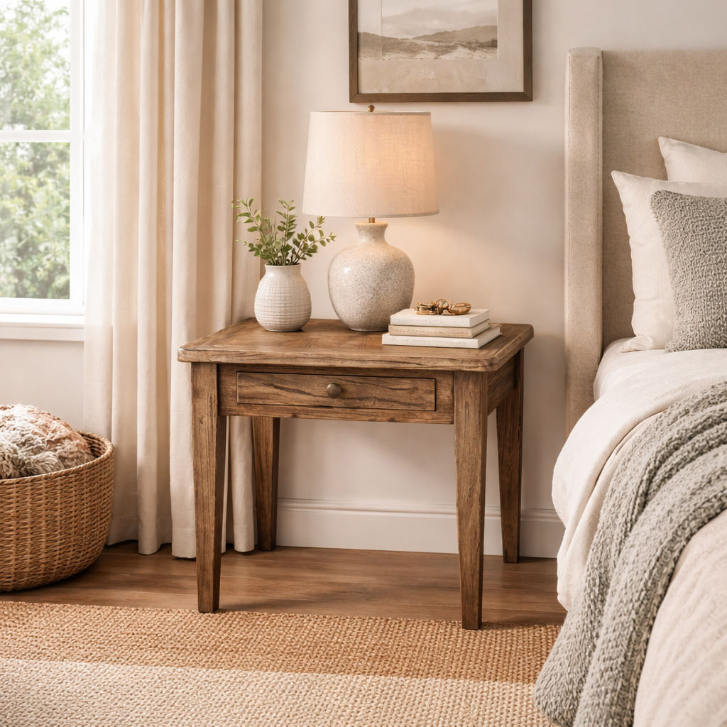 LENNON 1 DRAWER RUSTIC PROVINCIAL RECYCLED ELM PARQUETRY LAMP TABLE - MyChocolateWood