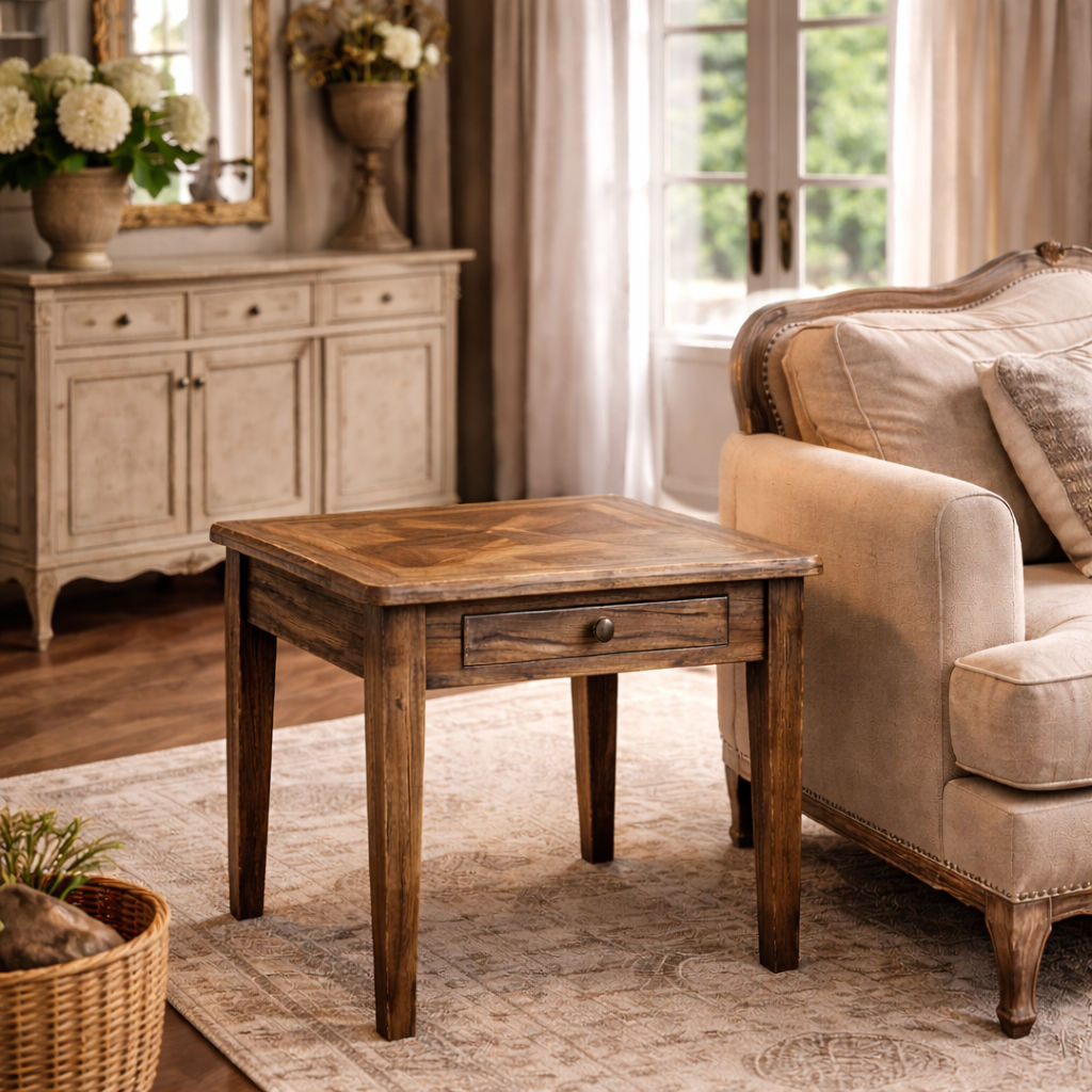LENNON 1 DRAWER RUSTIC PROVINCIAL RECYCLED ELM PARQUETRY LAMP TABLE - MyChocolateWood