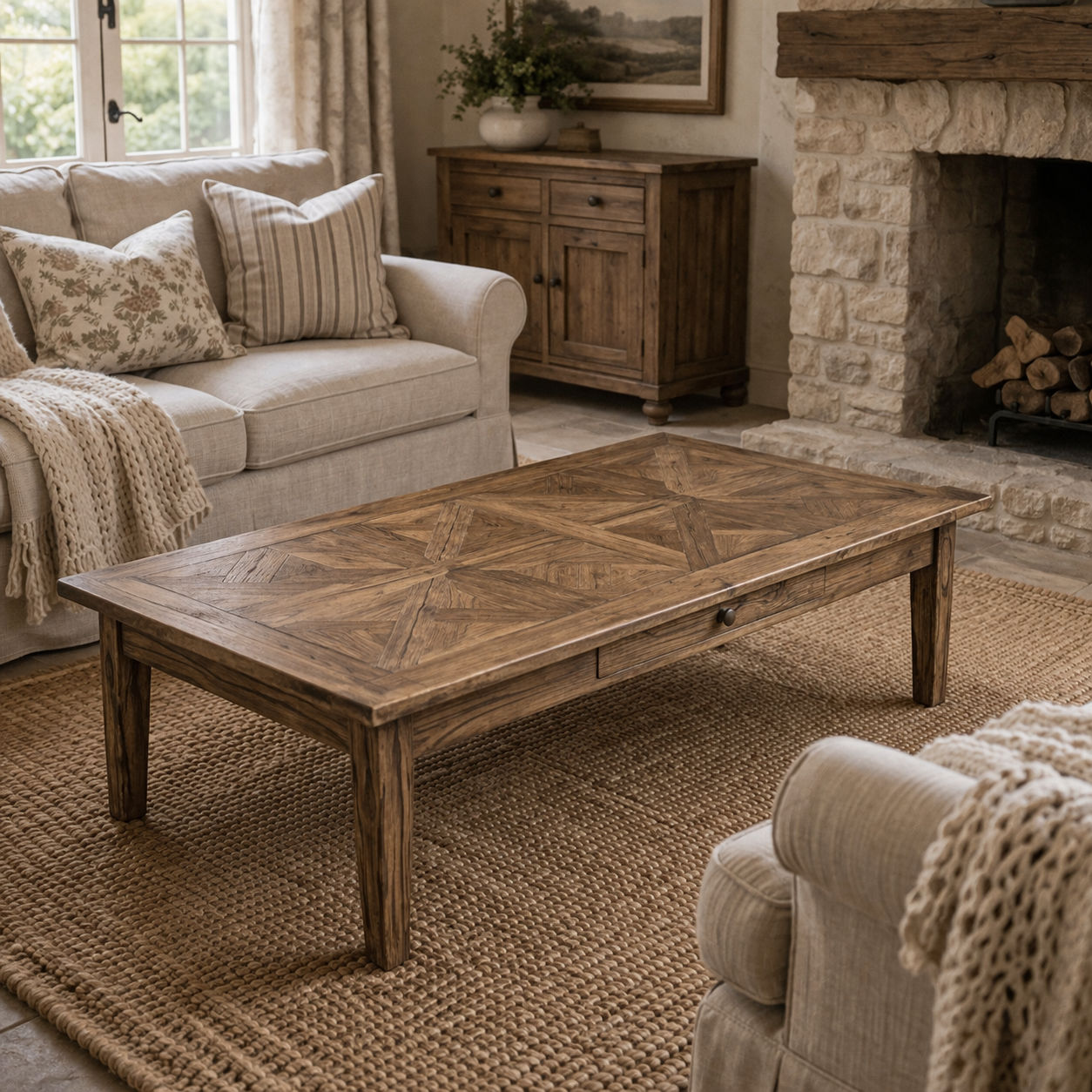 LENNON 1 DRAWER RUSTIC PROVINCIAL RECYCLED ELM PARQUETRY COFFEE TABLE - MyChocolateWood