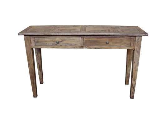 LENNON RUSTIC PROVINCIAL RECYCLED ELM PARQUETRY HALL TABLE 2 DRAWERS NATURAL - MyChocolateWood