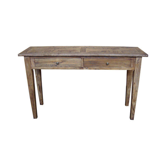 LENNON RUSTIC PROVINCIAL RECYCLED ELM PARQUETRY HALL TABLE 2 DRAWERS NATURAL - MyChocolateWood