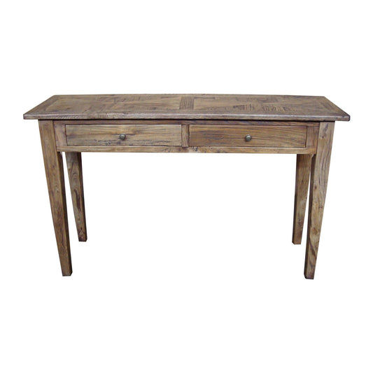 LENNON RUSTIC PROVINCIAL RECYCLED ELM PARQUETRY HALL TABLE 2 DRAWERS NATURAL