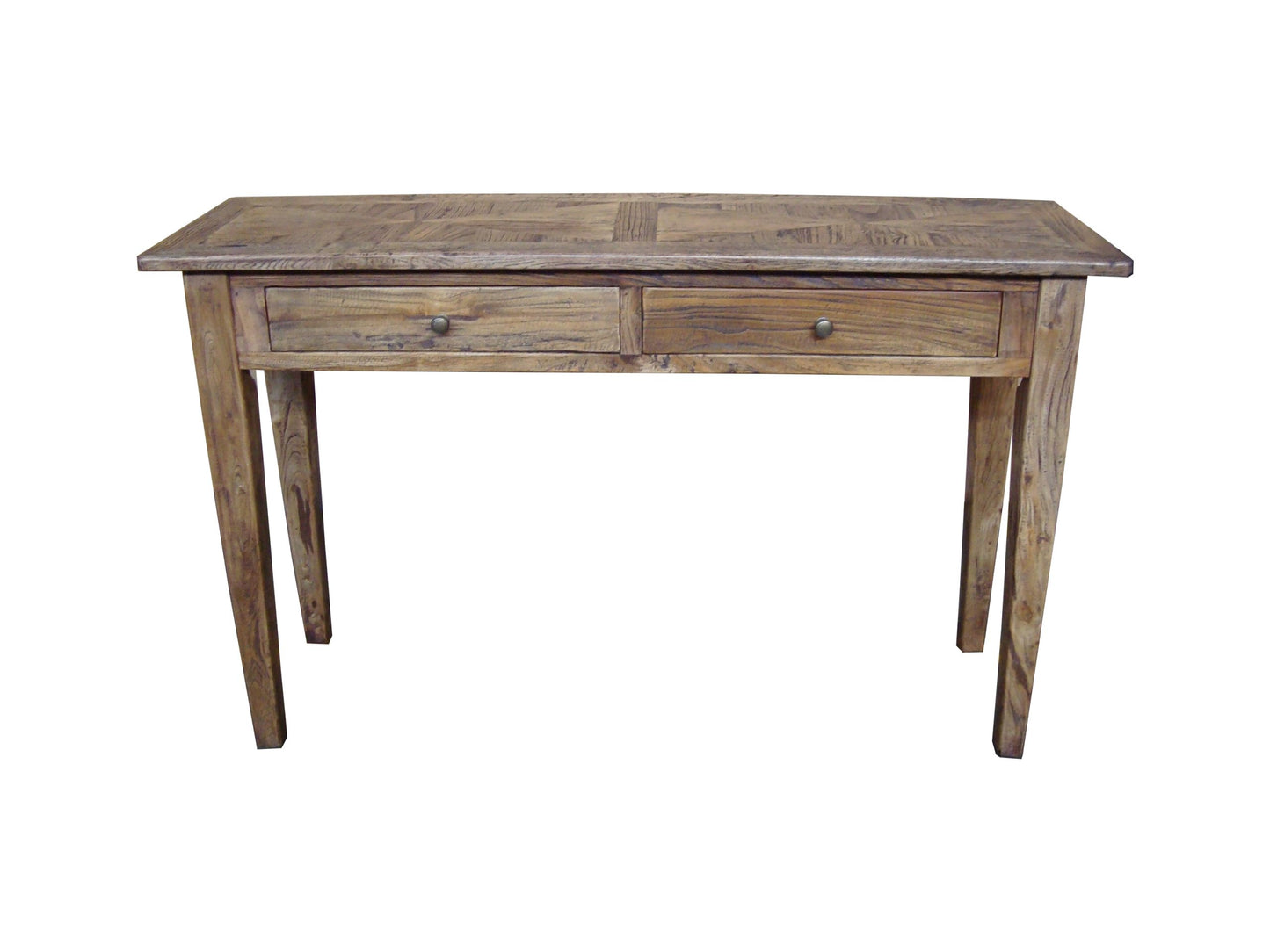 LENNON  RUSTIC PROVINCIAL RECYCLED ELM PARQUETRY HALL TABLE 2 DRAWERS NATURAL - MyChocolateWood