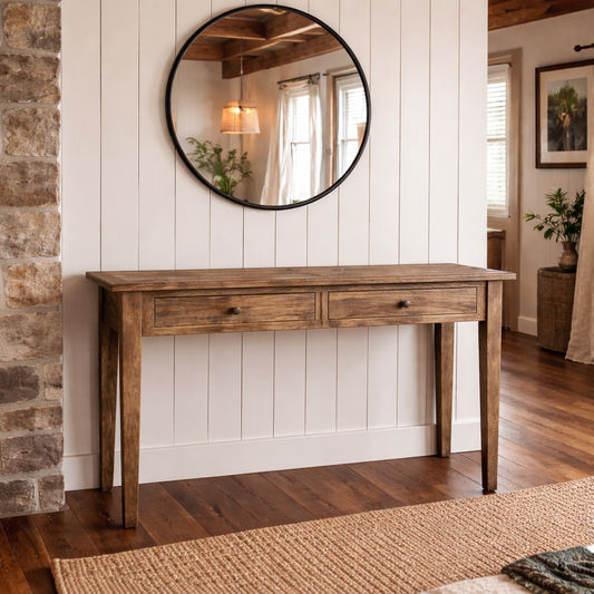 LENNON  RUSTIC PROVINCIAL RECYCLED ELM PARQUETRY HALL TABLE 2 DRAWERS NATURAL - MyChocolateWood
