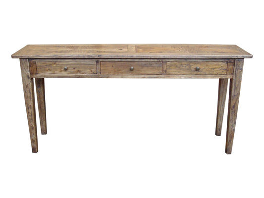 LENNON RUSTIC PROVINCIAL RECYCLED ELM PARQUETRY HALL TABLE/CONSOLE 3 DRAWERS NATURAL - MyChocolateWood