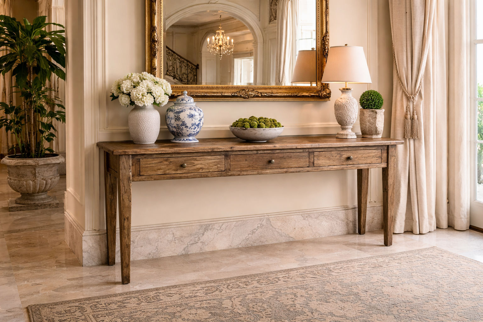 LENNON RUSTIC PROVINCIAL RECYCLED ELM PARQUETRY HALL TABLE/CONSOLE 3 DRAWERS NATURAL - MyChocolateWood