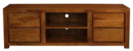 TANAKA SOLID MAHOGANY TV UNIT - 4 DRAWERS & 2 SHELVES IN LIGHT PECAN 200CM