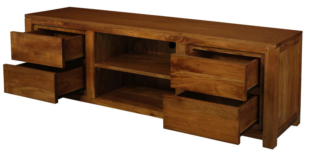 TANAKA SOLID MAHOGANY TV UNIT - 4 DRAWERS & 2 SHELVES IN LIGHT PECAN 200CM - MyChocolateWood