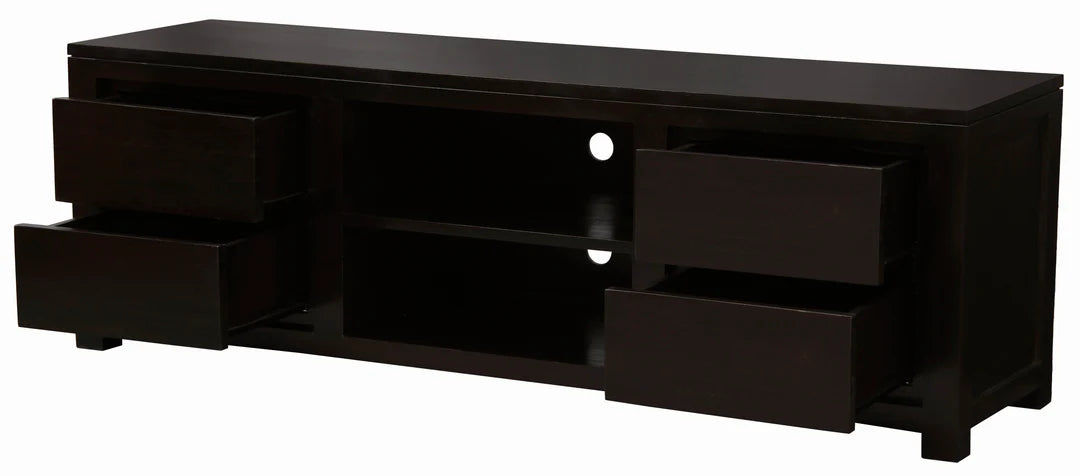 TANAKA SOLID MAHOGANY TV UNIT WITH 4 DRAWERS & 2 SHELVES IN CHOCOLATE 200CM - MyChocolateWood