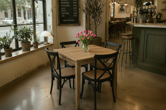 TARA SOLID OAK SQUARE DINING TABLE (90 X 90) NATURAL + 4 MELROSE SOLID OAK CROSSBACK CHAIRS BLACK - MyChocolateWood