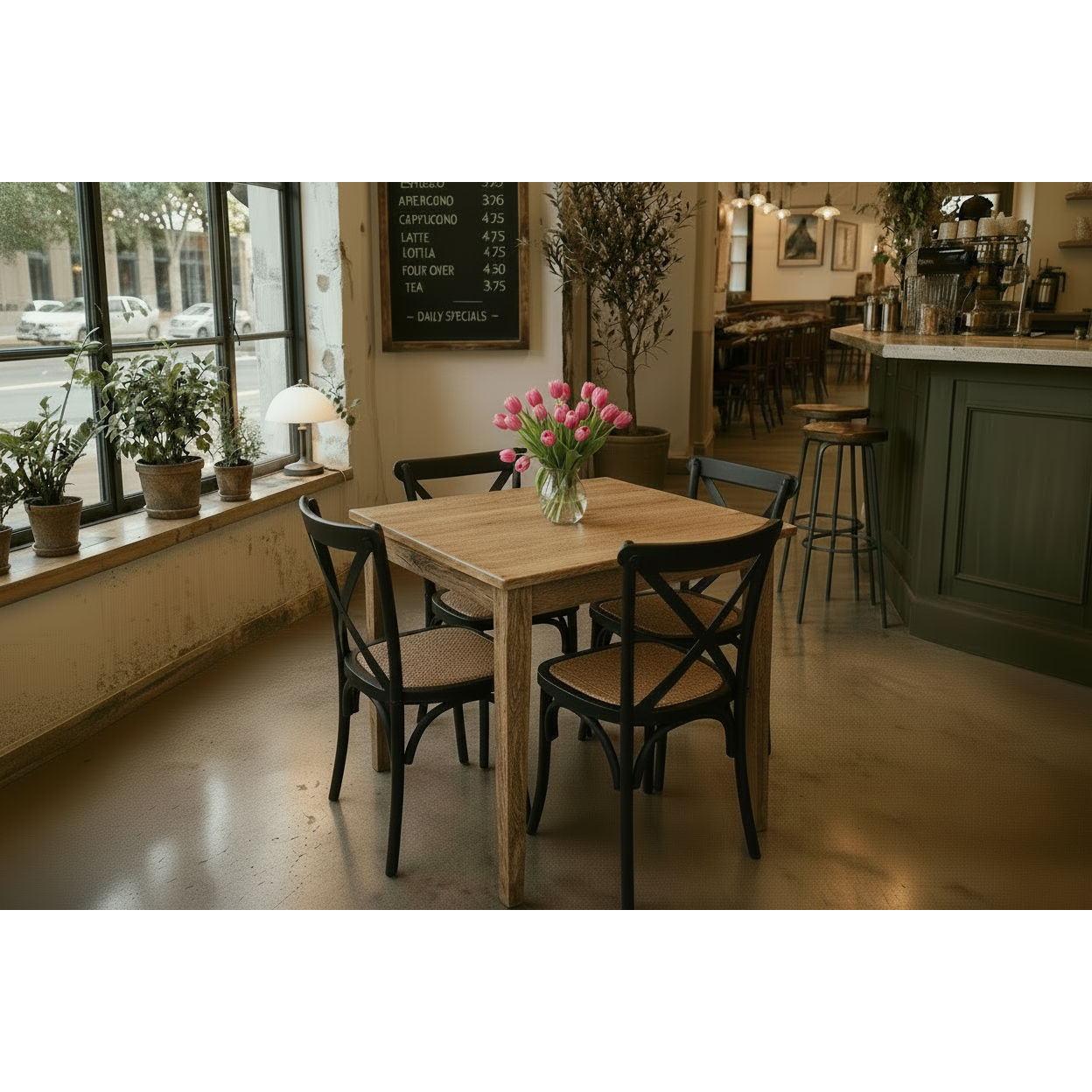 Tara Square Dining Table with black crossback chairs styled