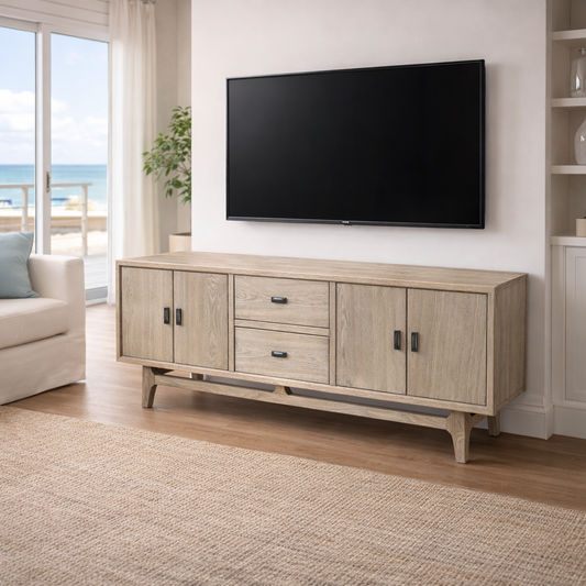 NEVANA RECYCLED ELM TIMBER 4-DOOR 2-DRAWER TELEVISION UNIT NATURAL 195CM - MyChocolateWood