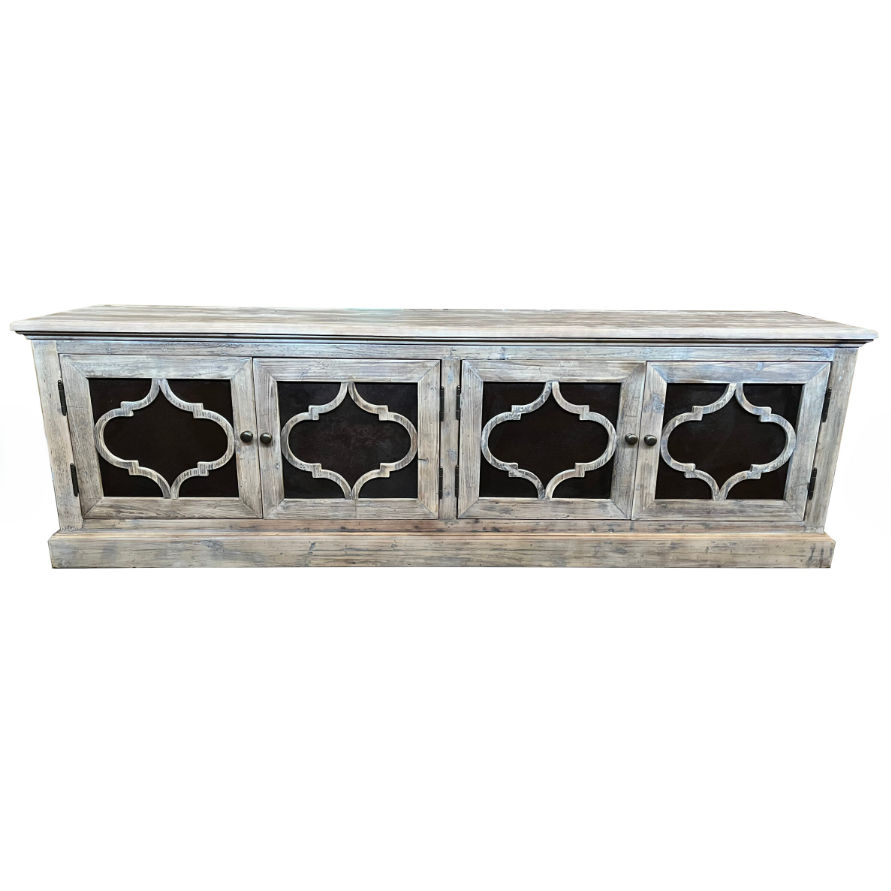 REINA GREYWASHED RECYCLED TIMBER/HERITAGE METAL PANELS 4-DOOR ETU TELEVISION UNIT - MyChocolateWood