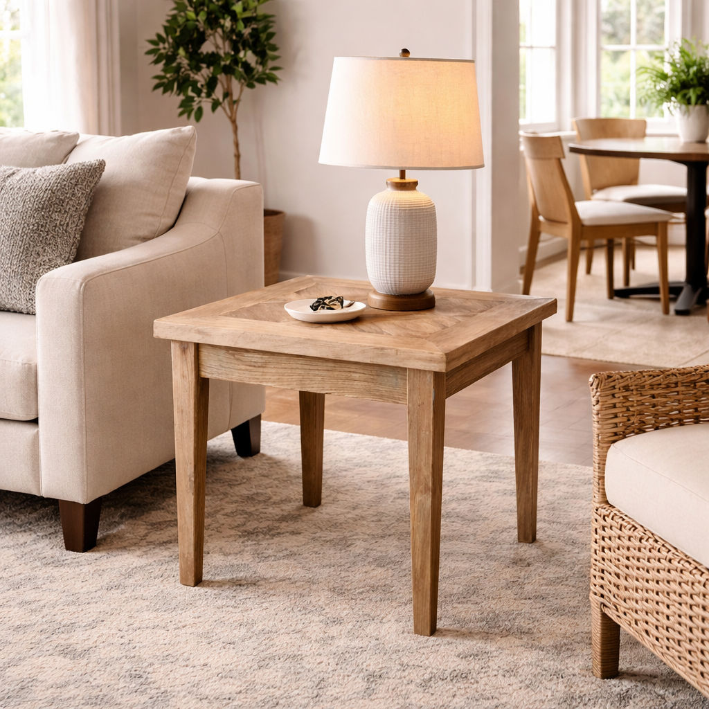 CASA RECYCLED ELM RUSTIC LAMP TALE/SIDE TABLE TABLE PARQUETRY TOP - MyChocolateWood