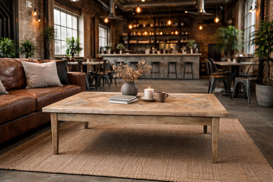 CASA RECYCLED ELM RUSTIC COFFEE TABLE PARQUETRY TOP 140CM - MyChocolateWood