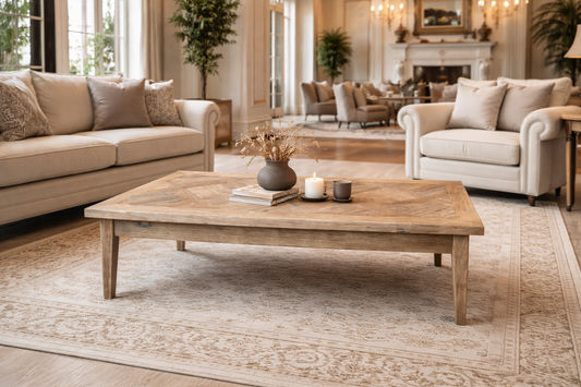 CASA RECYCLED ELM RUSTIC COFFEE TABLE PARQUETRY TOP 140CM - MyChocolateWood