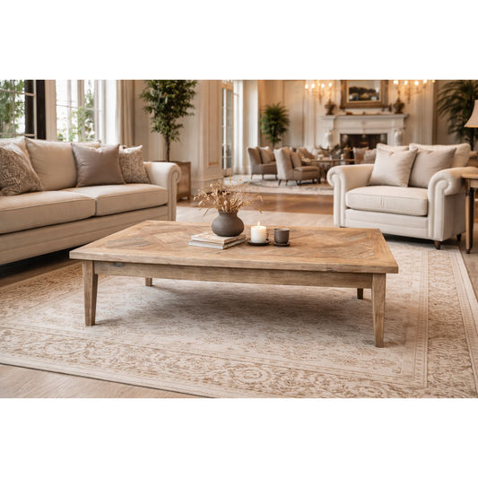 CASA RECYCLED ELM RUSTIC COFFEE TABLE PARQUETRY TOP 140CM - MyChocolateWood