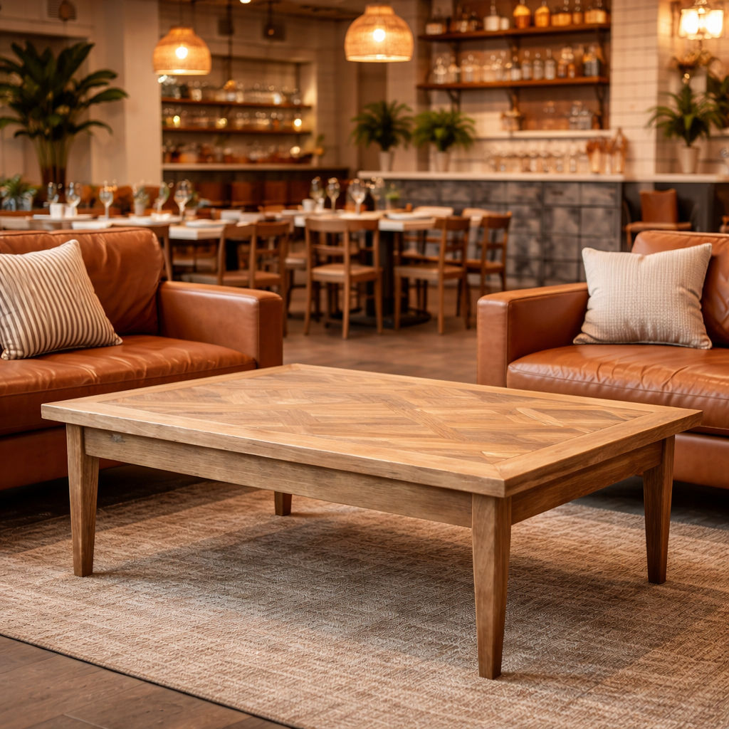 CASA RECYCLED ELM RUSTIC COFFEE TABLE PARQUETRY TOP 140CM - MyChocolateWood