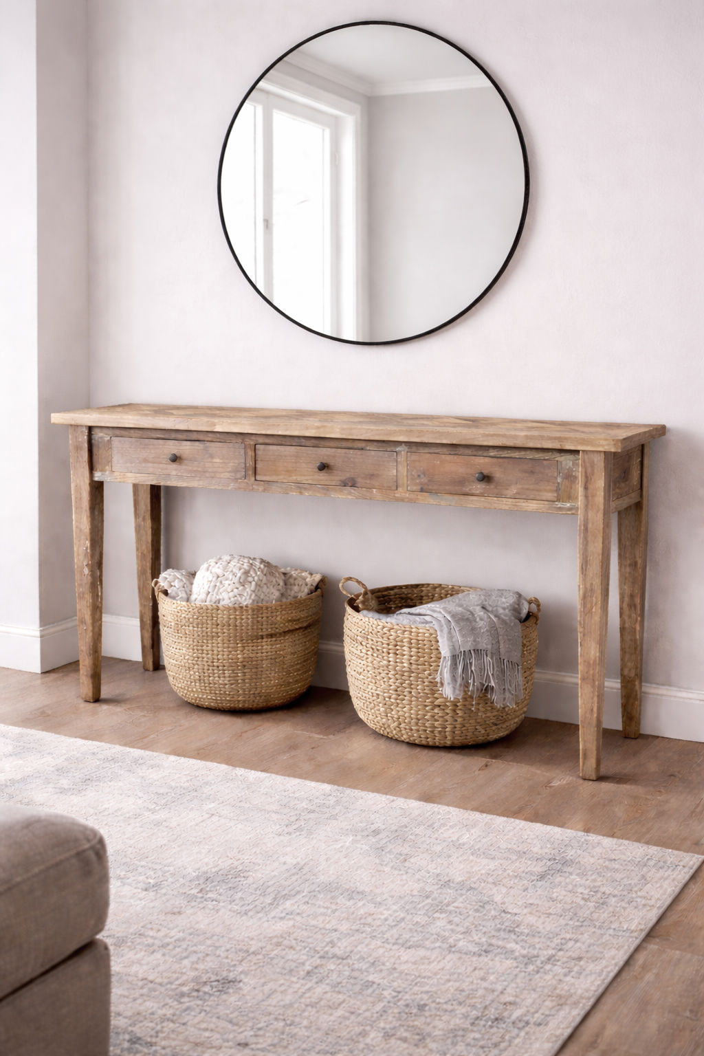 CASA RECYCLED ELM RUSTIC 3-DRAWER CONSOLE/HALL TABLE PARQUETRY TOP  180CM - MyChocolateWood