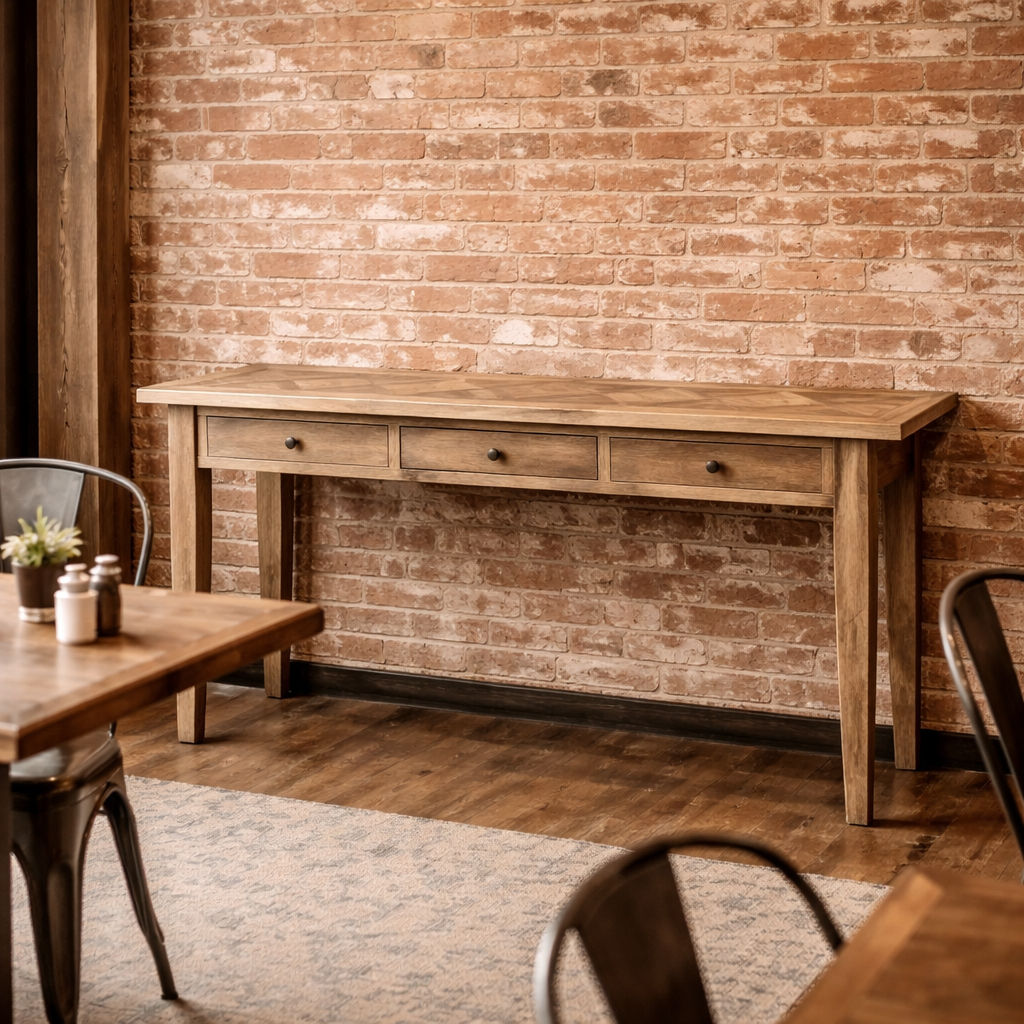 CASA RECYCLED ELM RUSTIC 3-DRAWER CONSOLE/HALL TABLE PARQUETRY TOP  180CM - MyChocolateWood
