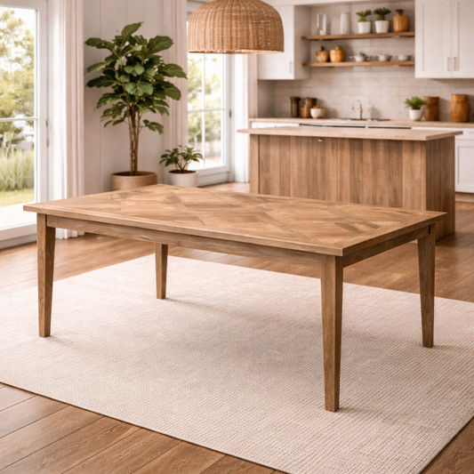 CASA RECYCLED ELM RUSTIC DINING TABLE PARQUETRY TOP - 2 SIZES - MyChocolateWood