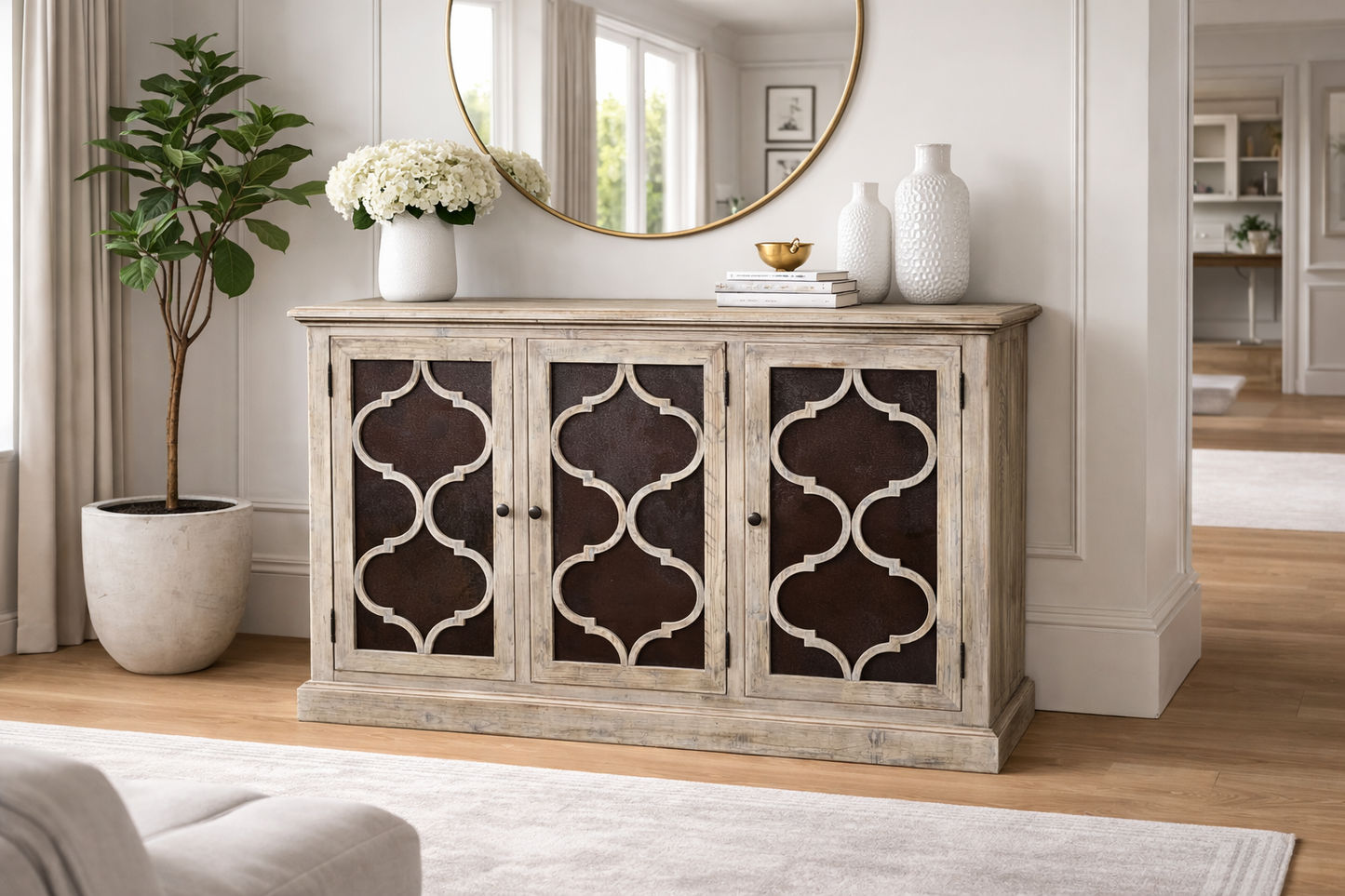 REINA GREYWASHED RECYCLED TIMBER/HERITAGE METAL 3-DOOR BUFFET/SIDEBOARD - MyChocolateWood