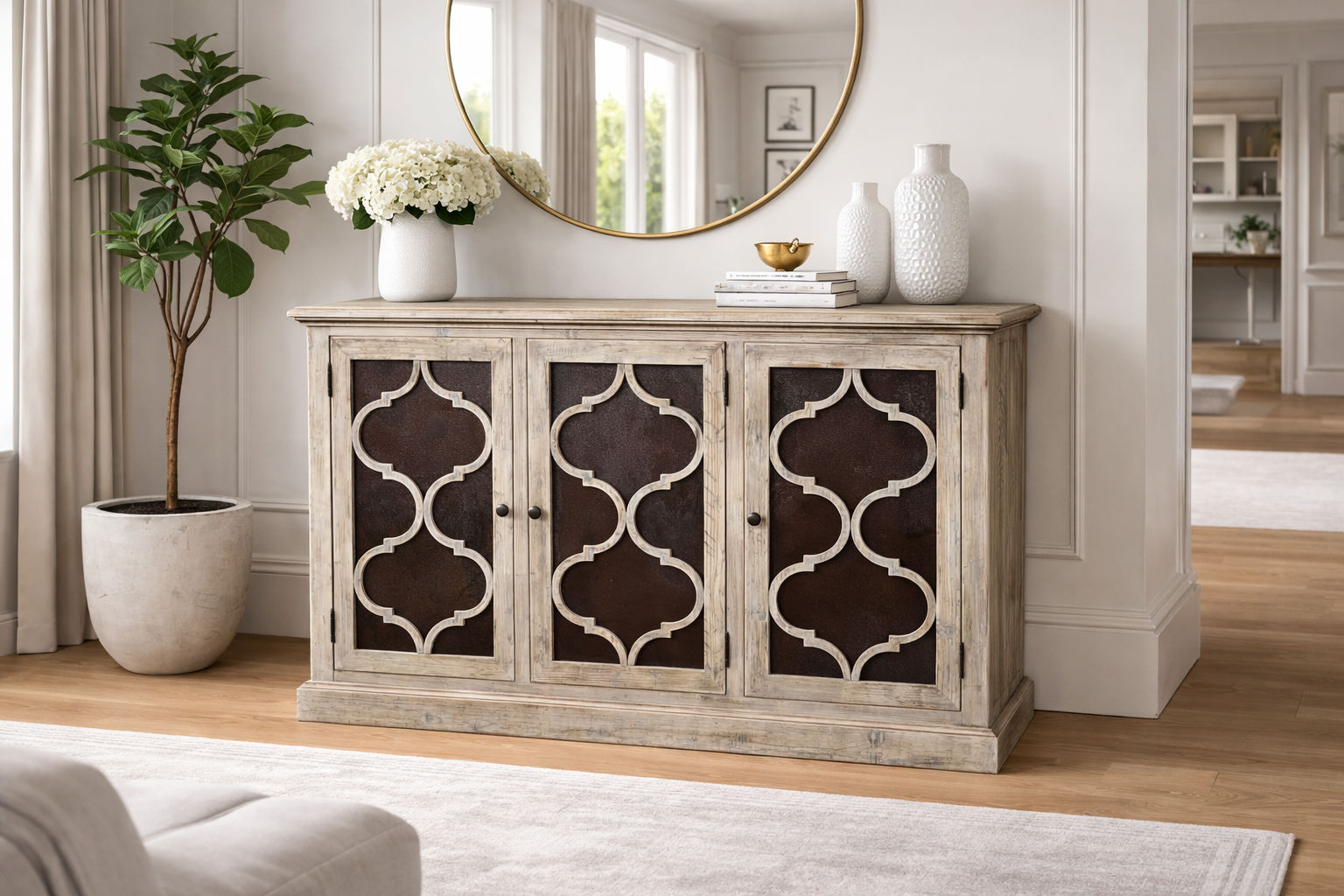 REINA GREYWASHED RECYCLED TIMBER/HERITAGE METAL 3-DOOR BUFFET/SIDEBOARD - MyChocolateWood