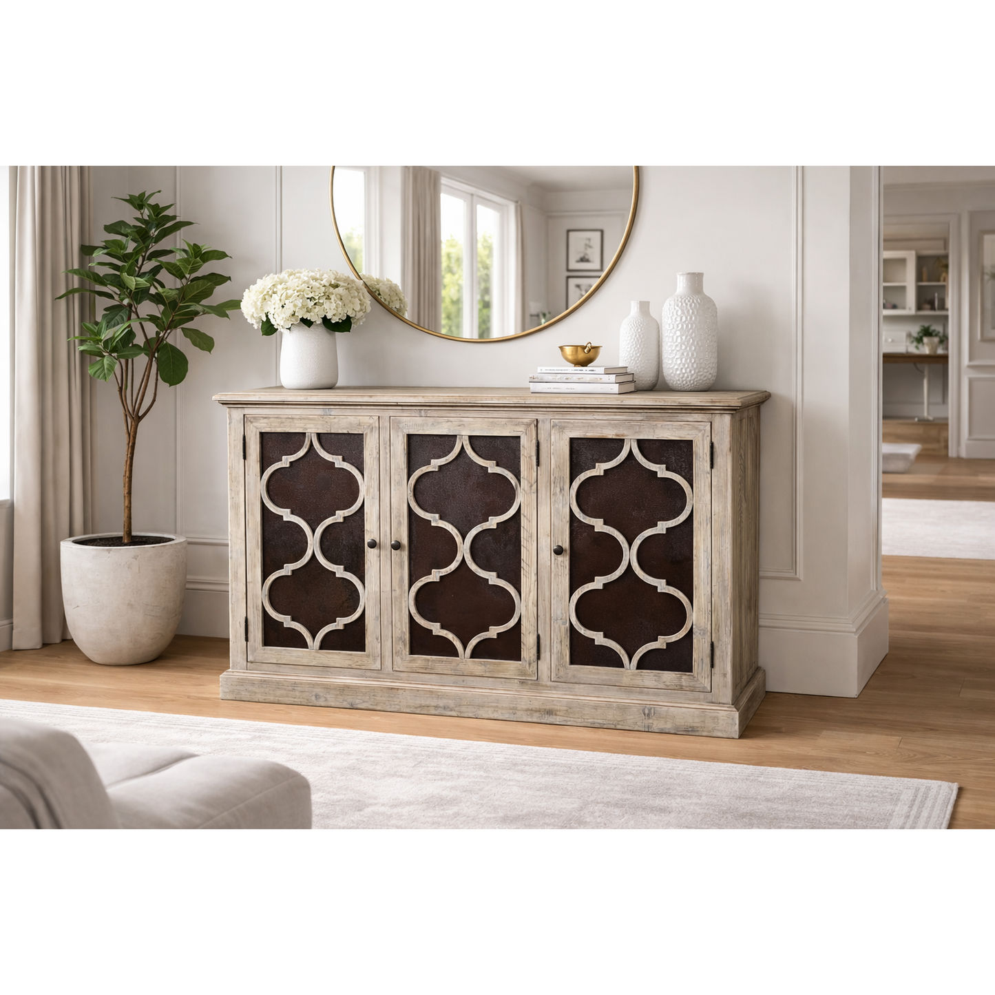 Reina Greywashed Recycled Timber 3-Door Buffet with Heritage Metal Panels - Chocolate Wood