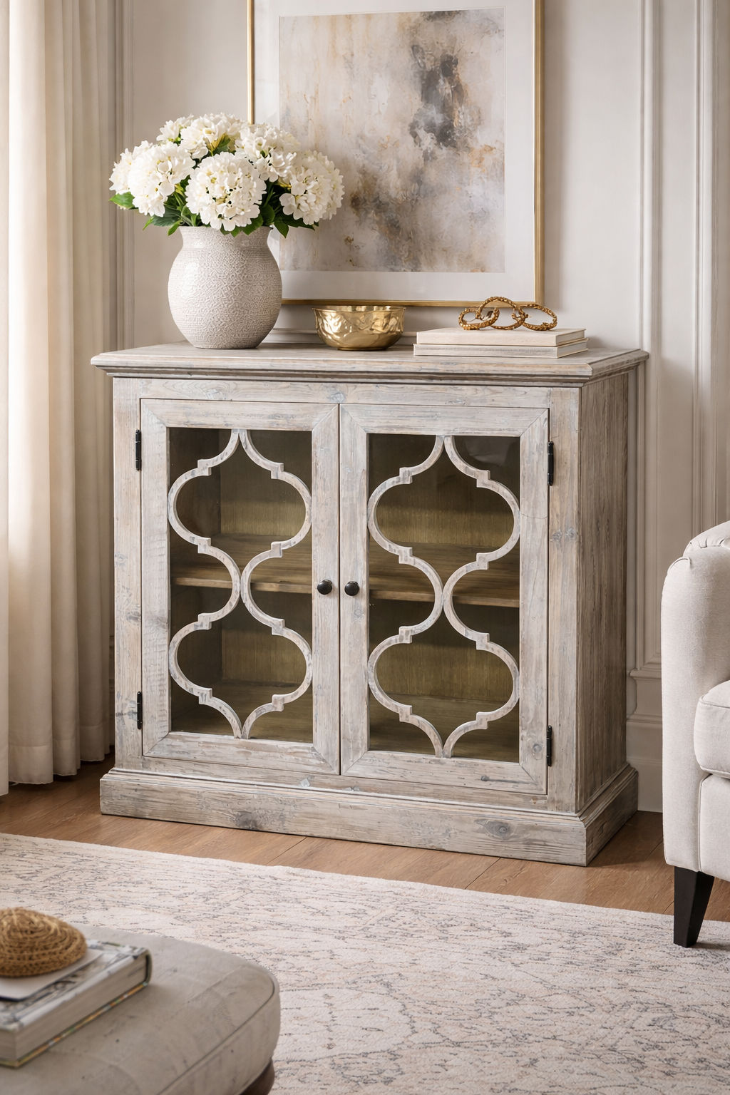 REINA GREYWASHED RECYCLED TIMBER/GLASS PANELS 2-DOOR CABINET CUPBOARD - MyChocolateWood