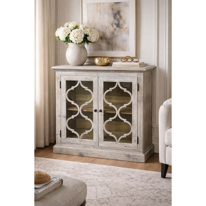 REINA GREYWASHED RECYCLED TIMBER/GLASS PANELS 2-DOOR CABINET CUPBOARD