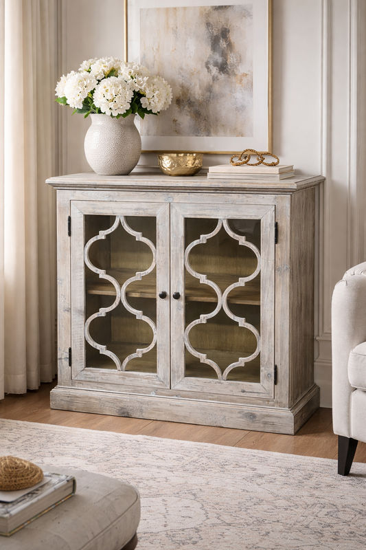 REINA GREYWASHED RECYCLED TIMBER/GLASS PANELS 2-DOOR CABINET CUPBOARD - MyChocolateWood