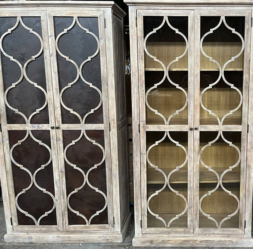 REINA GREYWASHED RECYCLED TIMBER/GLASS 2-DOOR BOOKCASE DISPLAY CABINET - MyChocolateWood