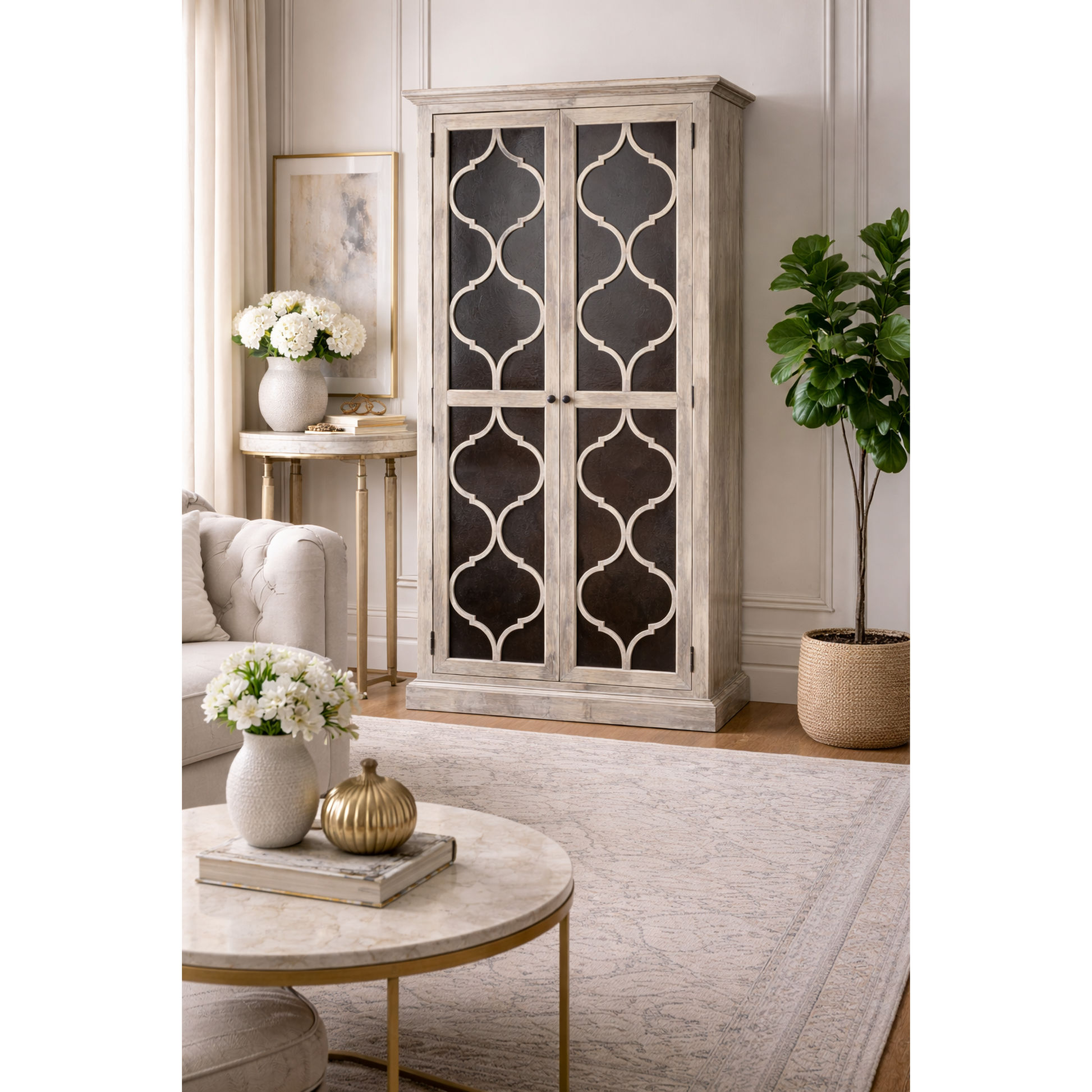 Reina Greywashed Recycled Timber 2-Door Bookcase Display Cabinet with Heritage Metal Panels - Chocolate Wood