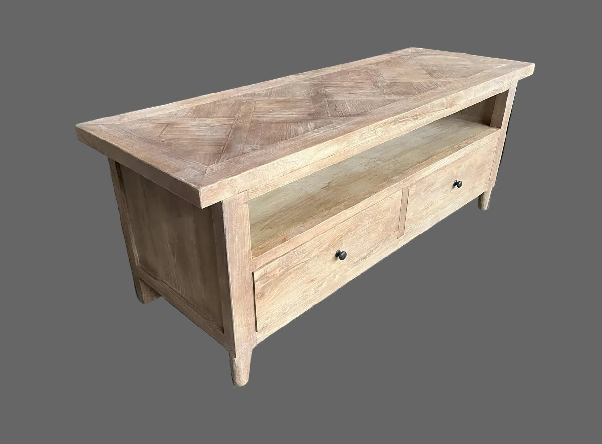 MORO RUSTIC RECYCLED ELM TV UNIT ETU 2 DRAWERS PARQUETRY TOP 140CM - MyChocolateWood