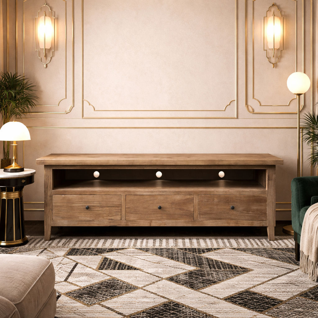 MORO RUSTIC RECYCLED ELM TV UNIT ETU 3 DRAWERS PARQUETRY TOP 180CM - MyChocolateWood