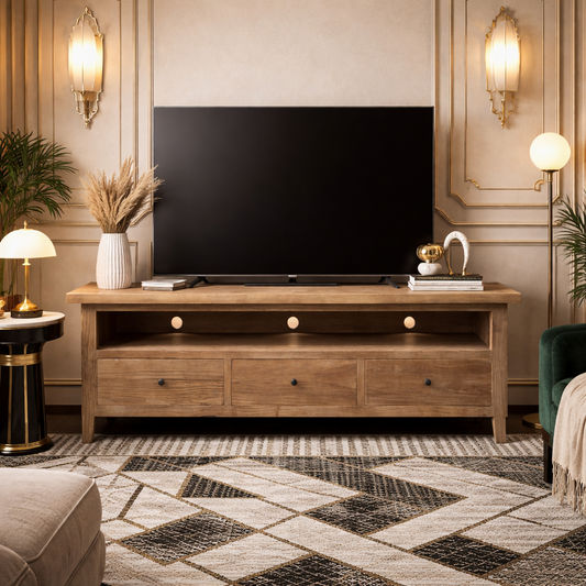 MORO RUSTIC RECYCLED ELM TV UNIT ETU 3 DRAWERS PARQUETRY TOP 180CM - MyChocolateWood