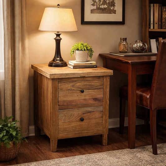 MORO RUSTIC RECYCLED ELM 2 DRAWER BEDSIDE TABLE PARQUETRY TOP 50CM - MyChocolateWood