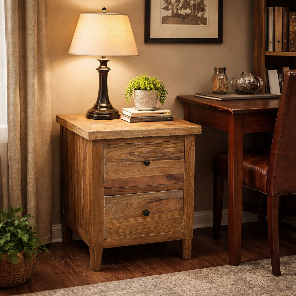 MORO RUSTIC RECYCLED ELM  2 DRAWER BEDSIDE TABLE PARQUETRY TOP 50CM - MyChocolateWood